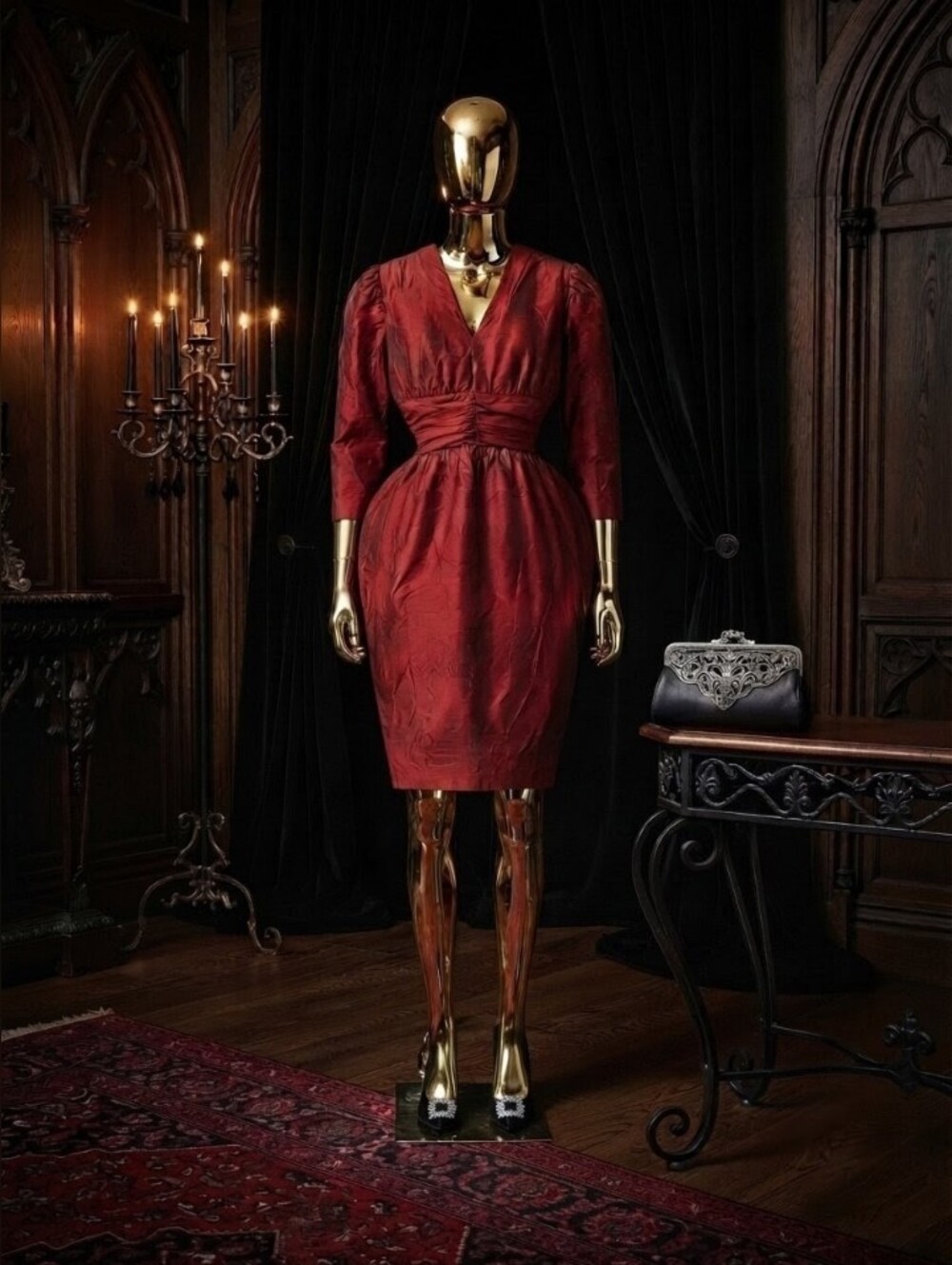 Vintage Gothic Elegant Satin Dress with Gathered Waist